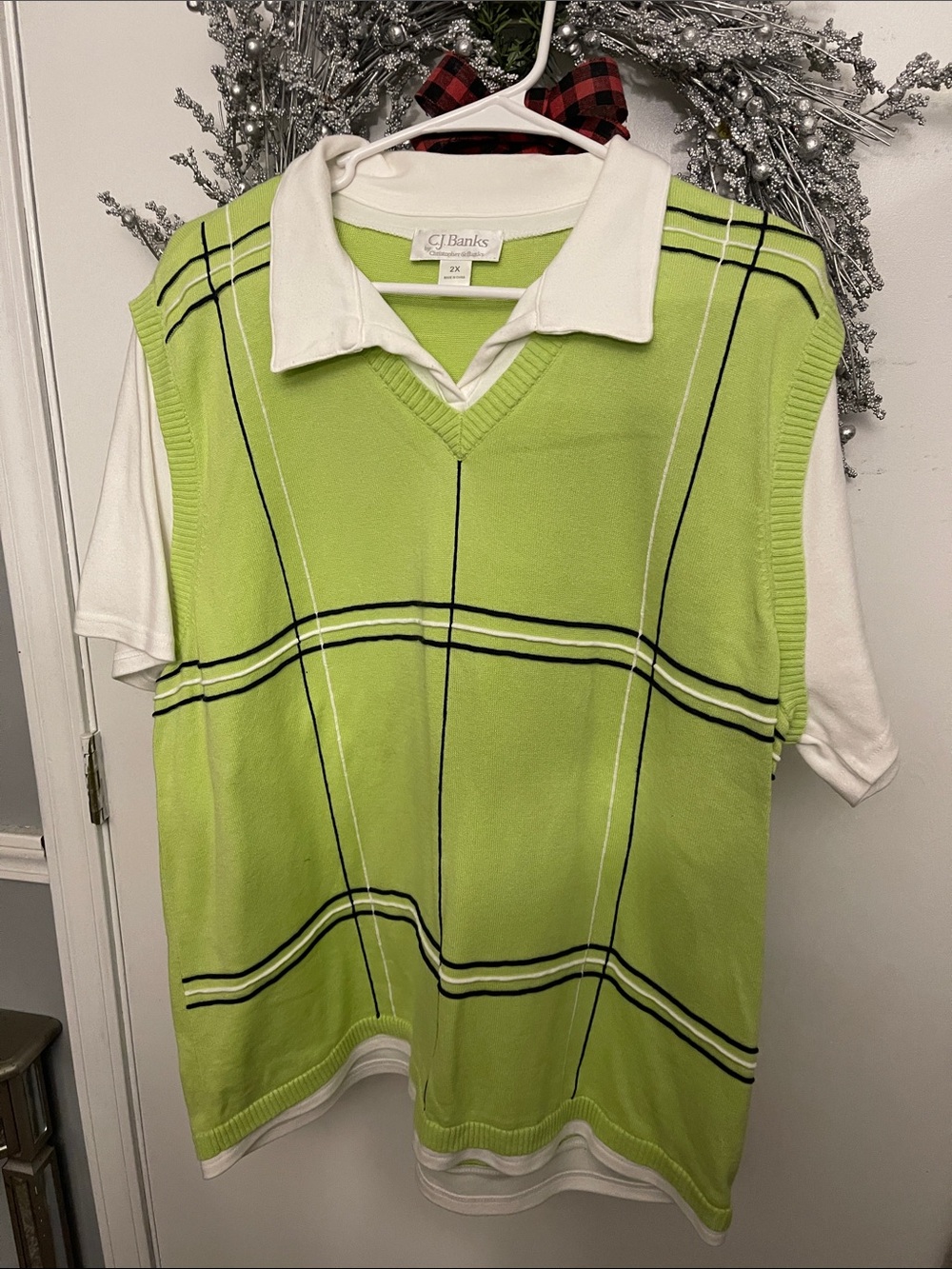 CJ Banks Neon Lime Knit V-Neck Vest with White Collar